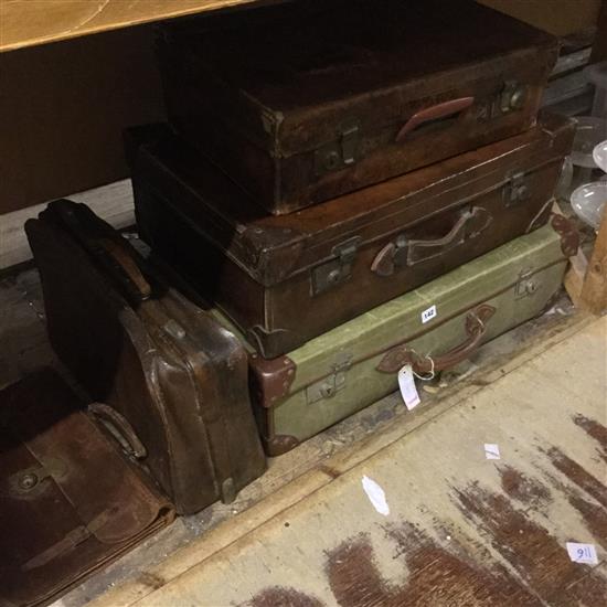 Military & 4 leather suitcases